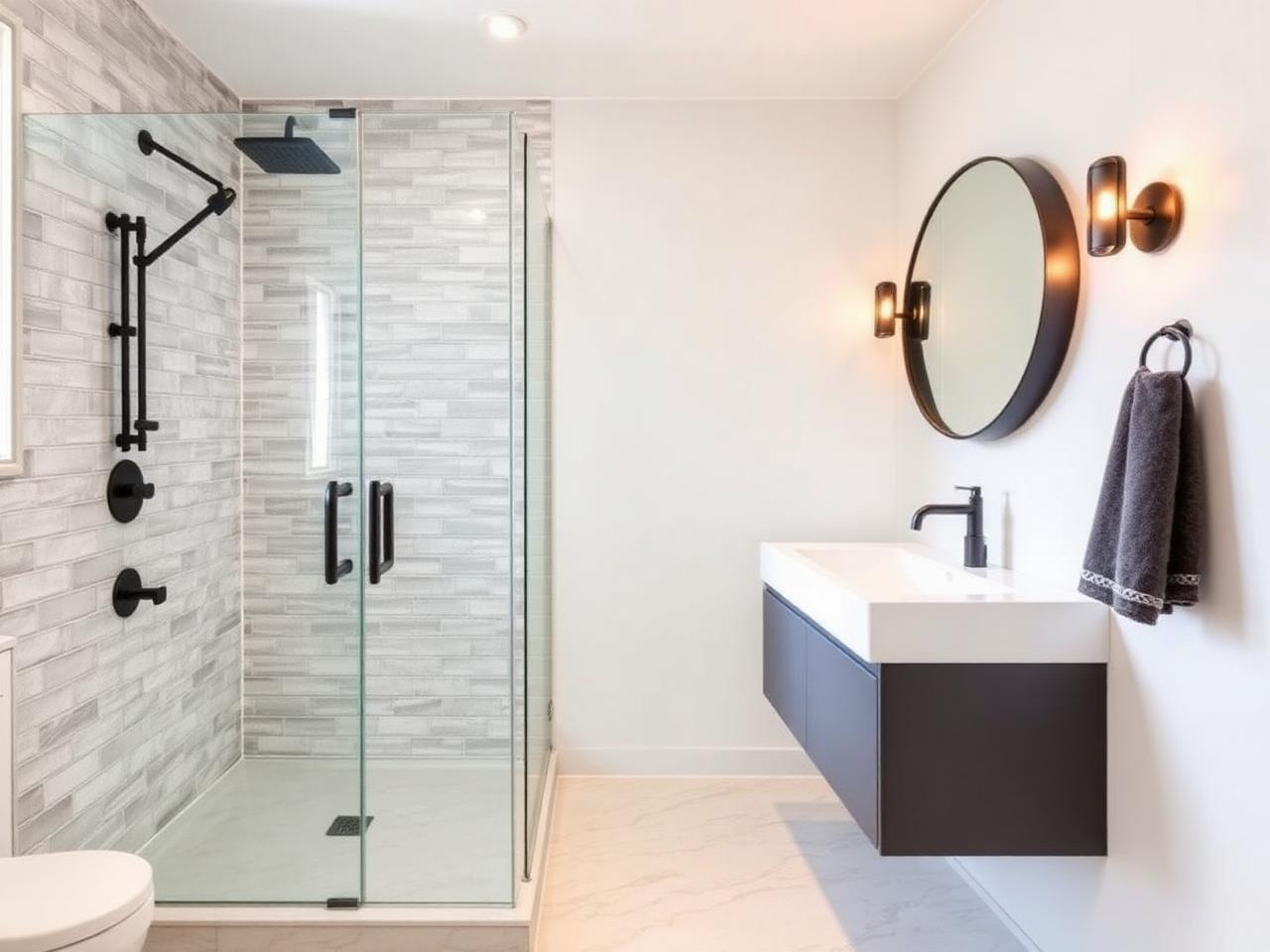 Renovated bathroom with tiled walk-in shower and floating vanity