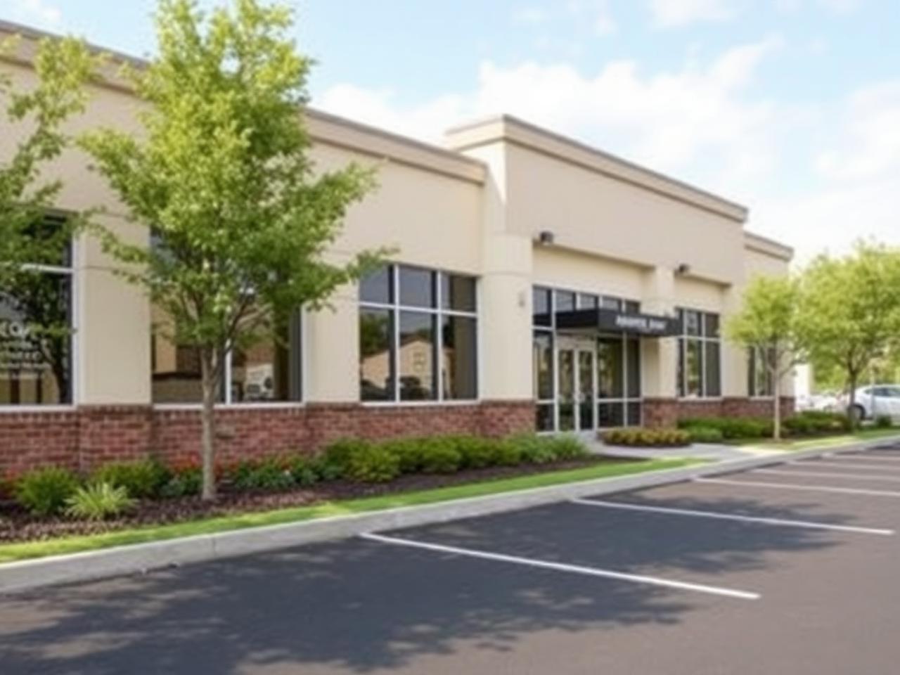 Well-maintained commercial office building exterior with fresh landscaping