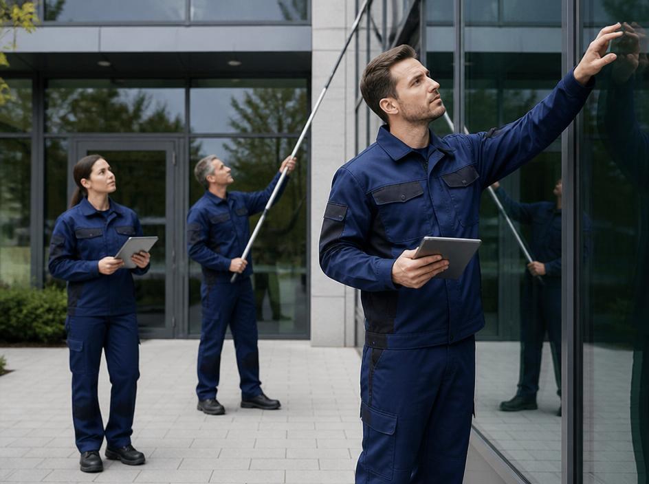 Commercial property maintenance team inspecting building