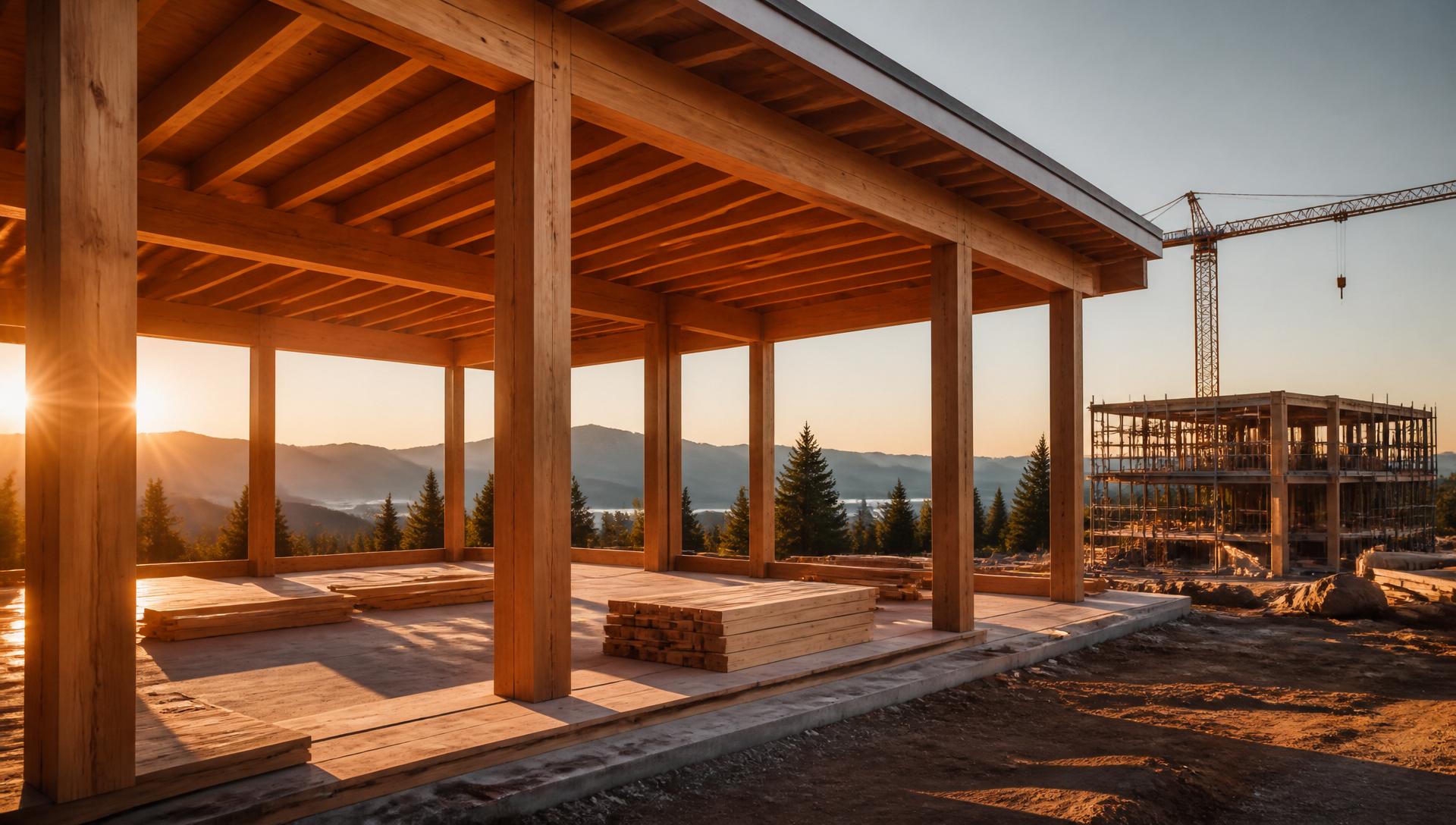 Custom home construction framing at sunset