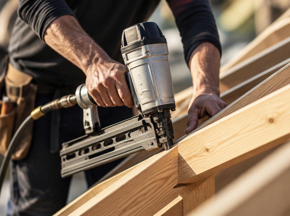 Custom home builder working on roof framing