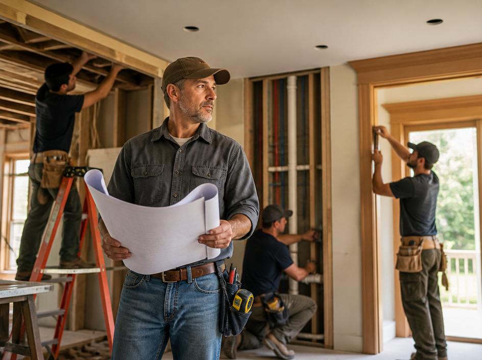 General contractor reviewing blueprints with tradespeople