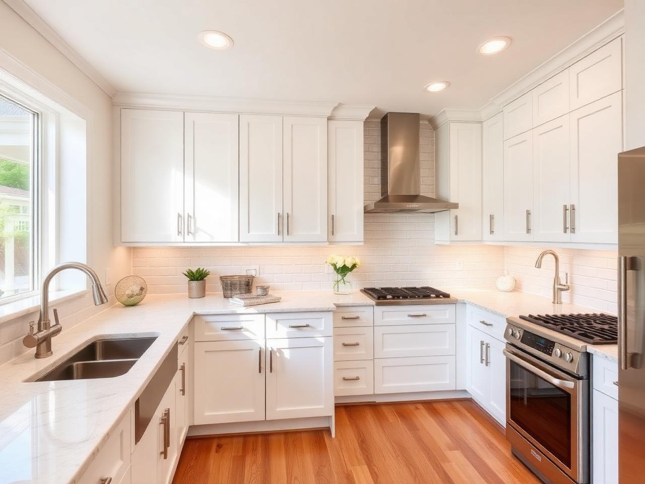 Modern kitchen remodel with white shaker cabinets and quartz countertops